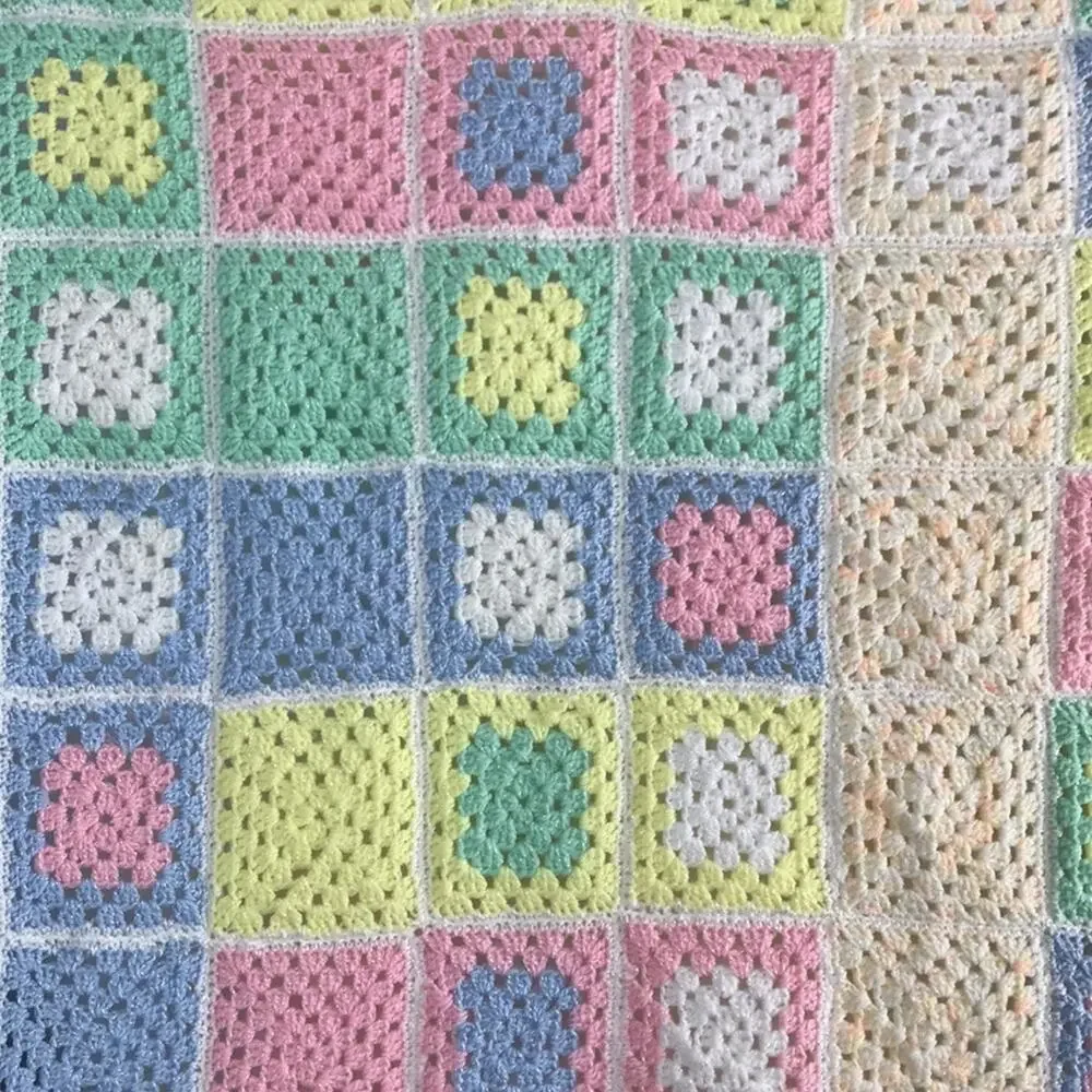 Handmade Pastel Granny Square Crochet Afghan Baby Lap Blanket Acrylic 35’’x50’’
